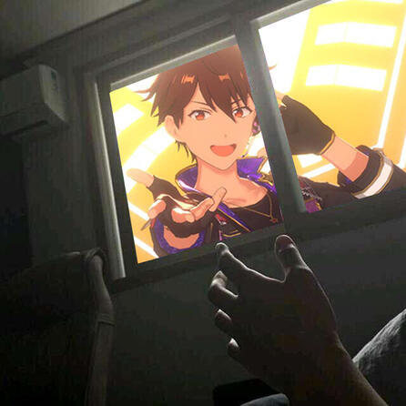 A hand reaches out toward a window. Outside the window is a frame featuring Chiaki Morisawa from an Ensemble Stars 3DMV for the song Surpising Thanks!!