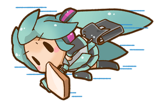 A girl with twintails zooms to the left with a toast in her mouth. Vocaloid LINE sticker featuring Miku Hatsune.