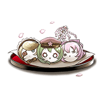 Three mochi lined up on a plate with cherry blossom petal floating in the air. Senbonzakura Vocaloid LINE sticker featuring Rin, Miku, and Luka lined up respectively in the form of mochi.