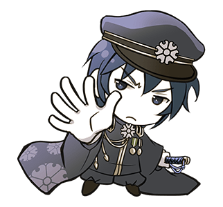 A blue haired male chibi dressed as an officer holds his hand out in a stop motion with a disapproving look on his face. Senbonzakura Vocaloid LINE sticker featuring KAITO.