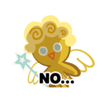 An angle cookie holding a star wand looks down the ground forlornly with a shadow cast over its face and the black text "No..." placed at the bottom in front. Cookie Run LINE sticker featuring Angel Cookie.