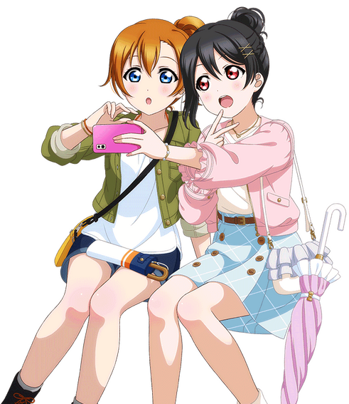 Honokoa Kousaka and Nico Yazawa sit next to each other as Nico holds up her cellphone to take a selfie of them together.